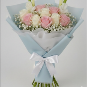 White and Pink Rose Bouquet with Gipso