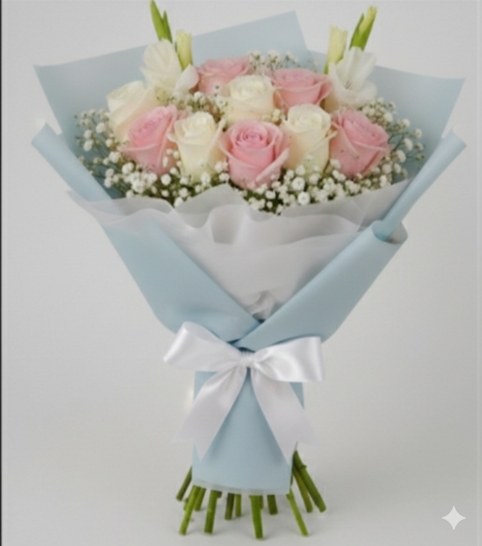 White and Pink Rose Bouquet with Gipso