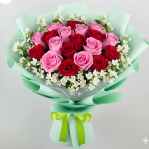 Red and Pink Roses in Mint Green Wrap