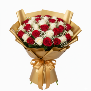 Red and White Roses in Gold Wrap.