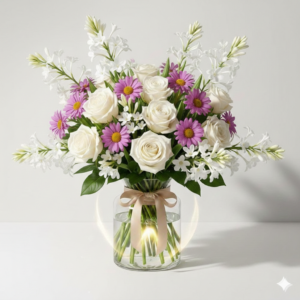 White Rose and Purple Daisy Vase with Tube Roses