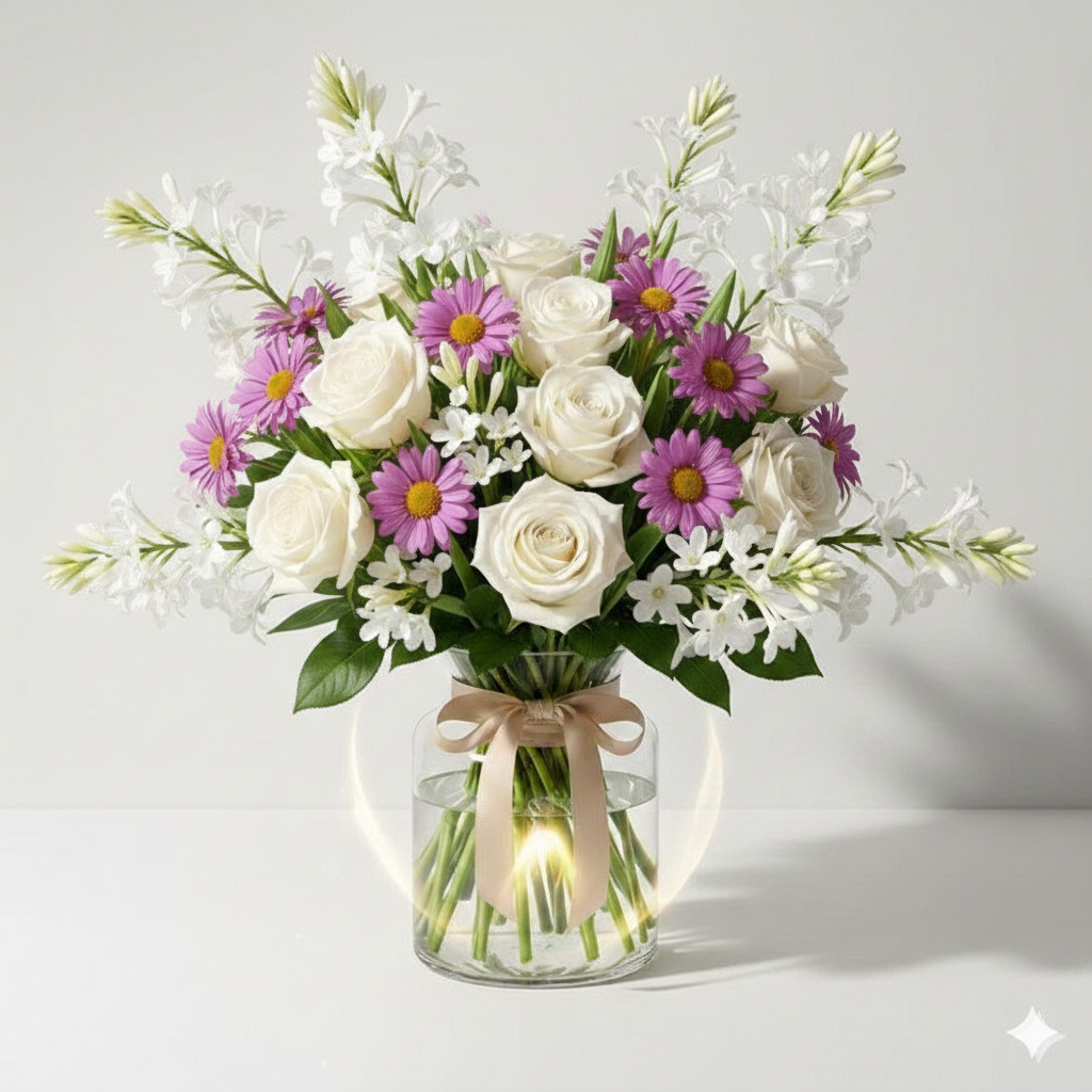 White Rose and Purple Daisy Vase with Tube Roses