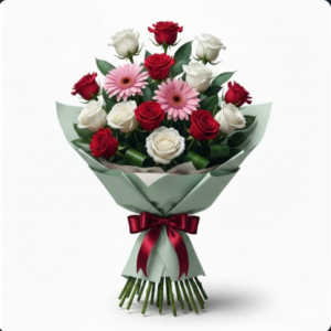 Red and White Rose Bouquet with Pink Daisy