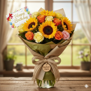 Sunflower and Rose Birthday Bouquet in Rustic Wrap