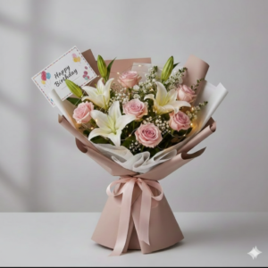 Birthday Bouquet with Roses Lilies and Fairy Lights