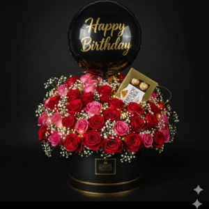 Luxury Black Birthday Box with Roses Chocolates and Balloon