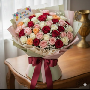40 Mixed Roses Birthday Bouquet with Maroon Ribbon