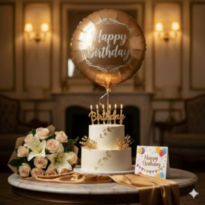 Champagne Gold Flower and Cake Birthday Setup