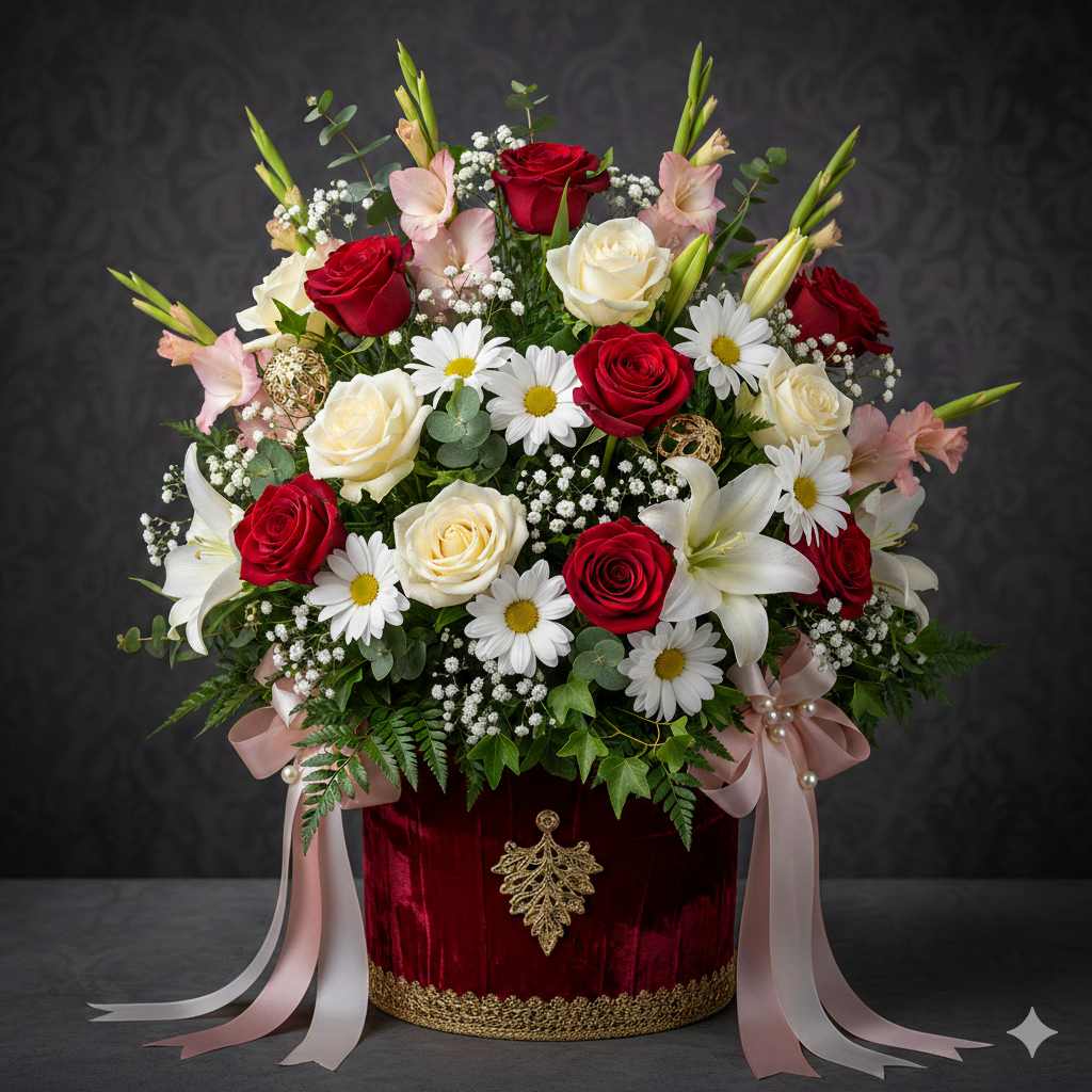 Premium Mixed Flowers in Red Velvet Box.