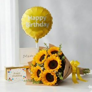 Sunflower Birthday Bouquet with Gold Balloon.
