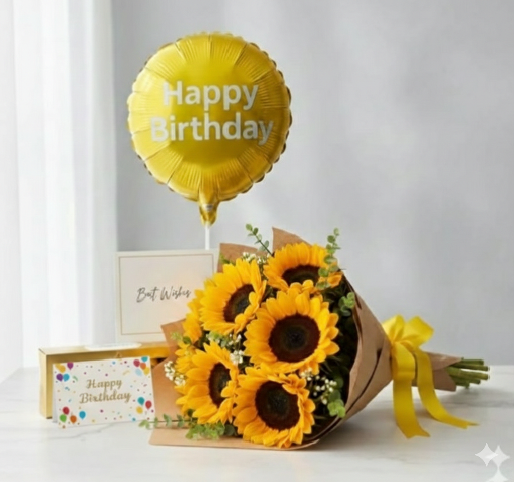 Sunflower Birthday Bouquet with Gold Balloon.