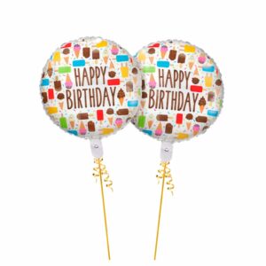 Colorful Happy Birthday foil balloon with ice cream and popsicle patterns for kids' parties by Gull Flowers.