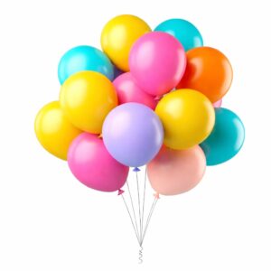 A bunch of vibrant multi-colored helium balloons including pink, yellow, blue, and purple for birthday celebrations.