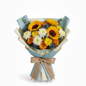Sunflower and white chrysanthemum bouquet in blue wrapping by Gull Flowers.
