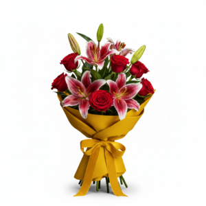 6 imported red roses and 3 pink lilies in yellow premium wrapping.