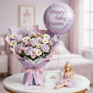 New baby girl flower combo with purple roses, balloon, and doll by Gull Flowers.