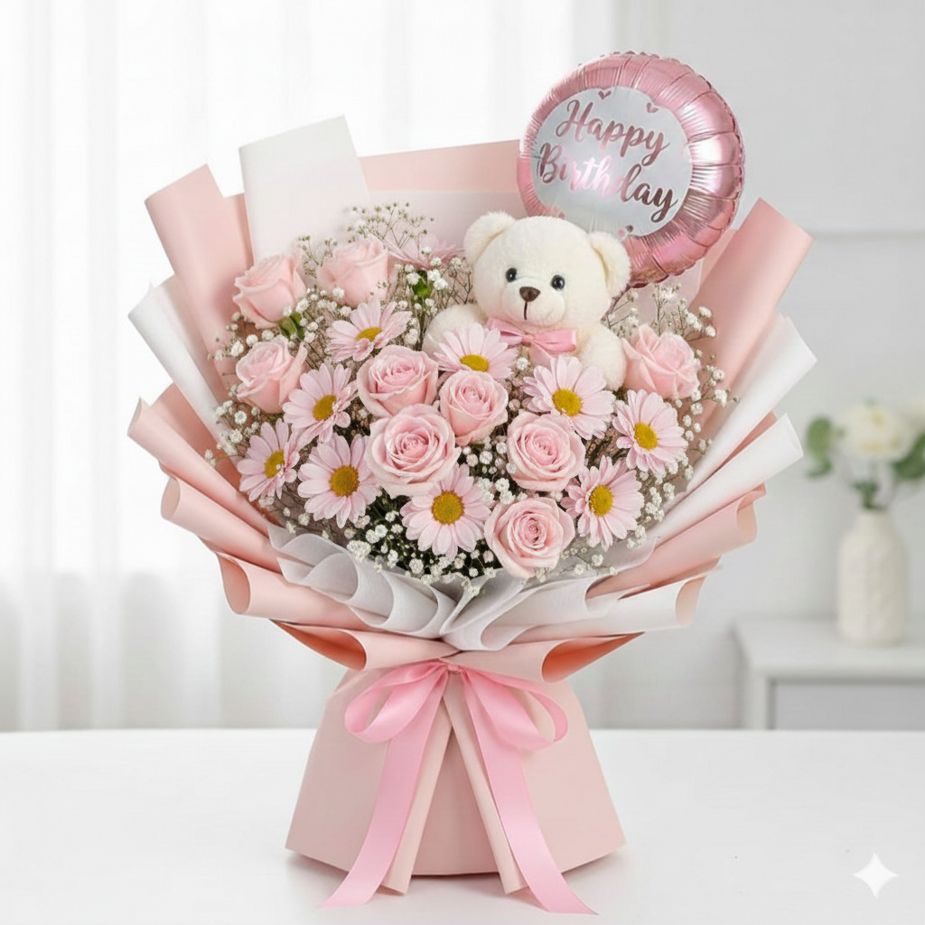 Pink Rose and Daisy Bouquet with Teddy and Girl Balloon Pakistan