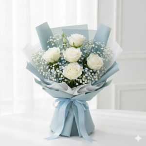 White Rose and Blue Gipso Bouquet for New Baby Boy Pakistan