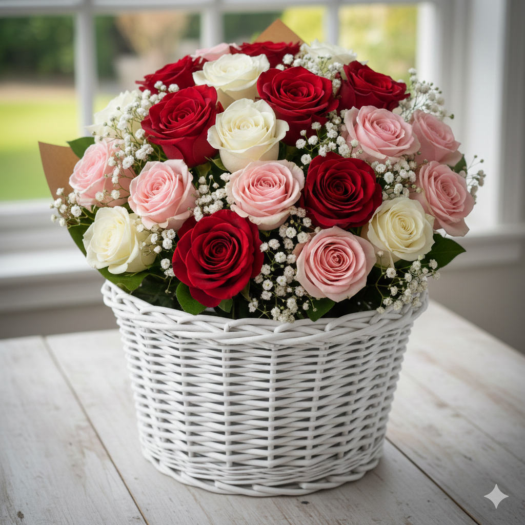 Premium White Red and Pink Rose Basket Pakistan