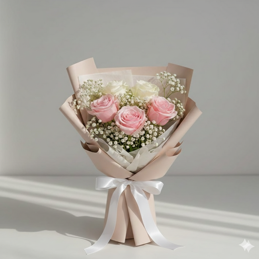 5 Imported White and Pink Roses Bouquet for New Baby Pakistan