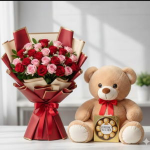 Grand Welcome Gift Combo Roses Teddy and Chocolate Pakistan