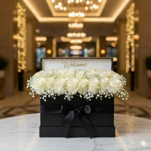 Luxury Black Flower Box with White Roses and Welcome Tag Pakistan