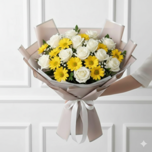 White Rose and Yellow Daisy Sympathy Bouquet Pakistan