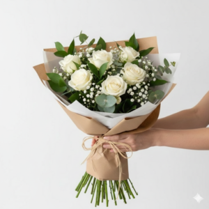 6 Imported White Roses Sympathy Bouquet Natural Wrapping Pakistan