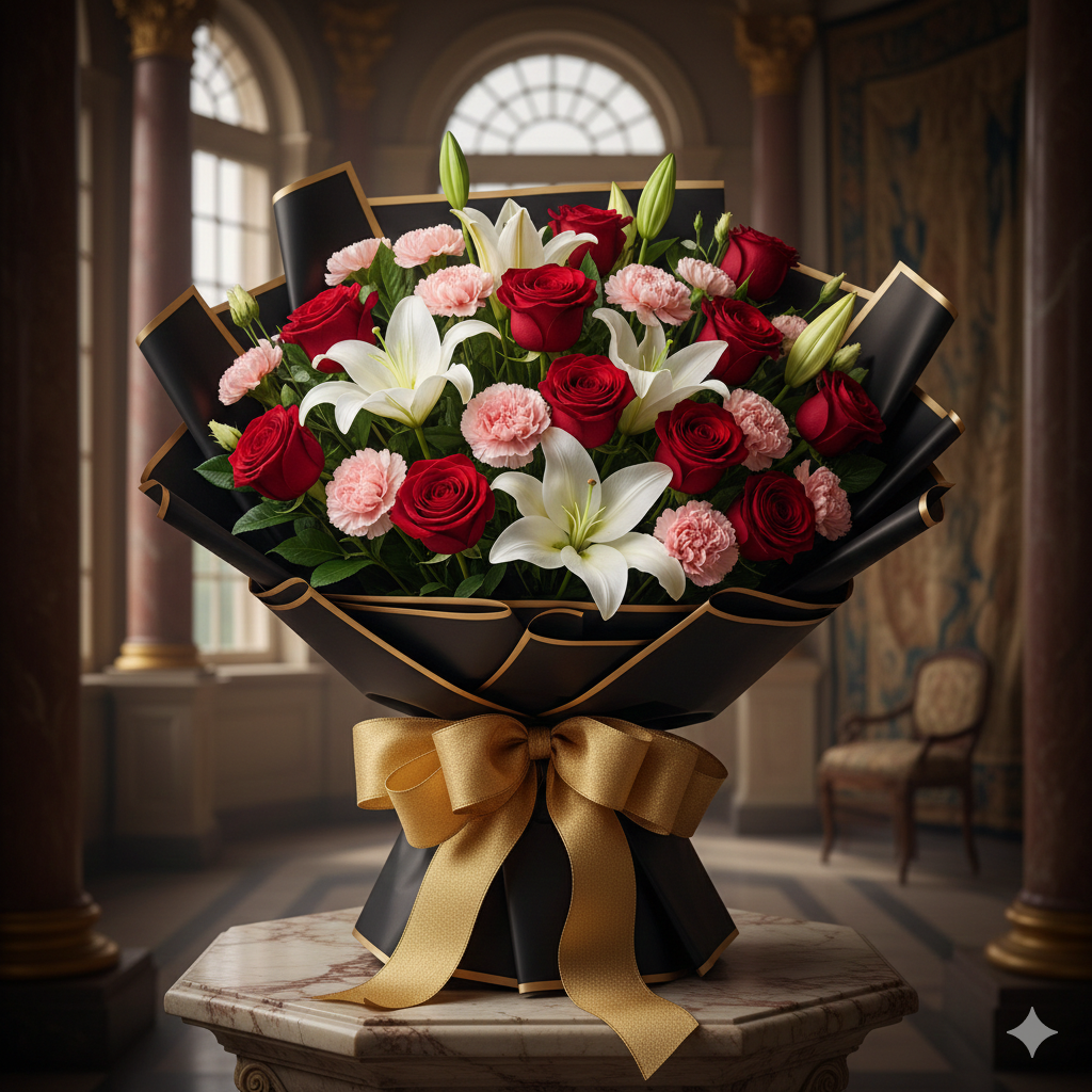 Premium Red and White Rose with Lily Bouquet Love Romance Pakistan