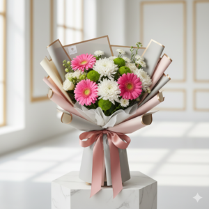 Pink gerbera and white chrysanthemum bouquet in luxury grey wrapping by Gull Flowers.