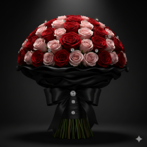 Luxury red and pink rose bouquet in black velvet wrap with diamonds by Gull Flowers.