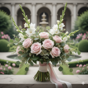 Romantic pink rose and white gladiolus bouquet with eucalyptus by Gull Flowers.