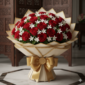 Grand royal red rose bouquet with gold bow in crown wrapping by Gull Flowers.