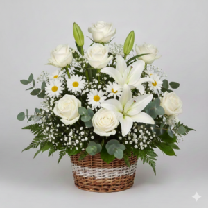 White Rose and Lily Sympathy Flower Basket Pakistan