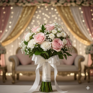 Pink rose bridal bouquet with white gypso for weddings by Gull Flowers.