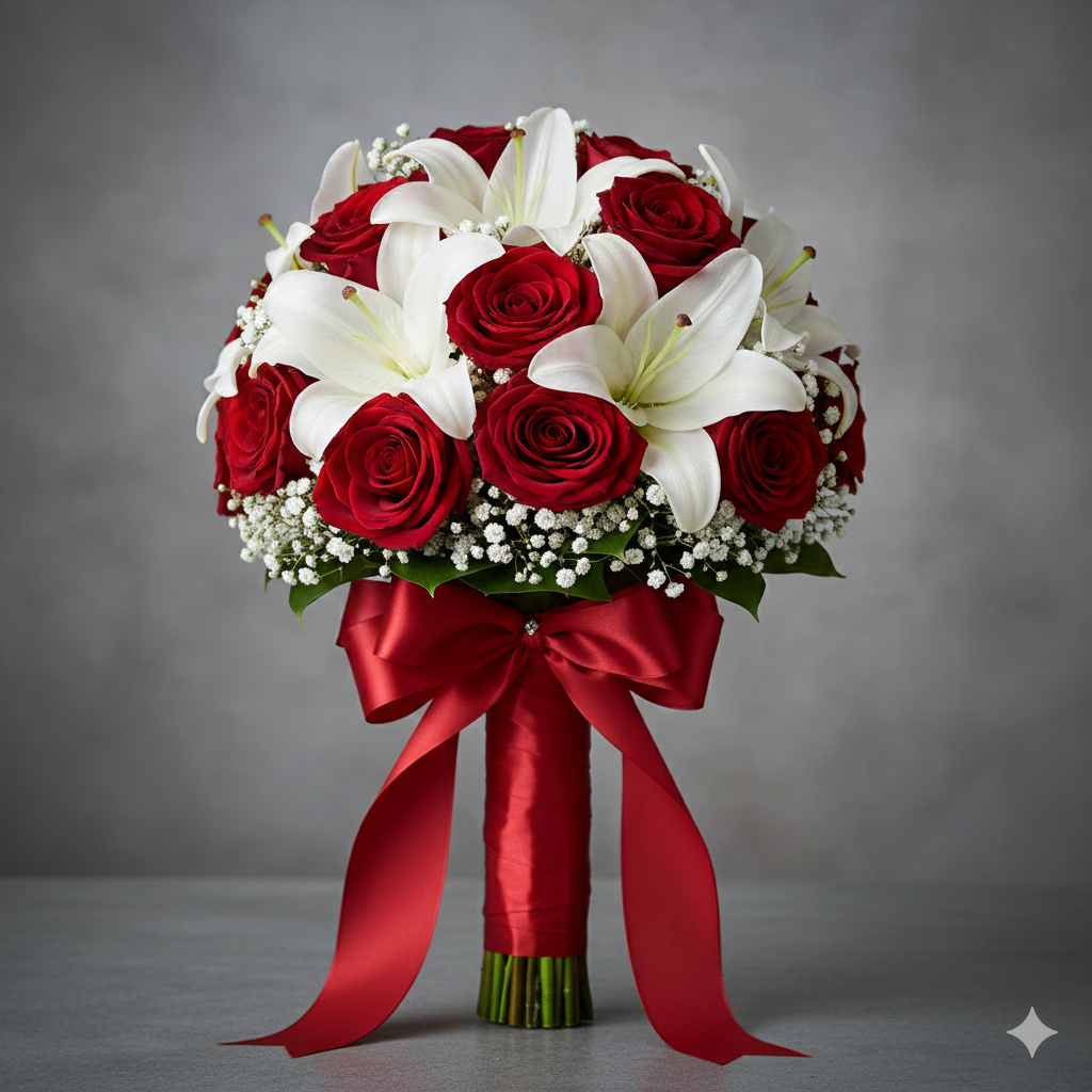 Red Rose and White Lily Bridal Bouquet Pakistan