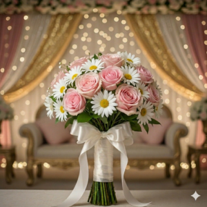 White and Pink Rose with Daisy Bridal Bouquet Pakistan