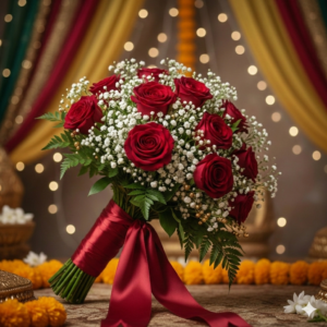 Premium bridal bouquet of 20 Pakistani red roses with gypso and red silk ribbon for wedding delivery.