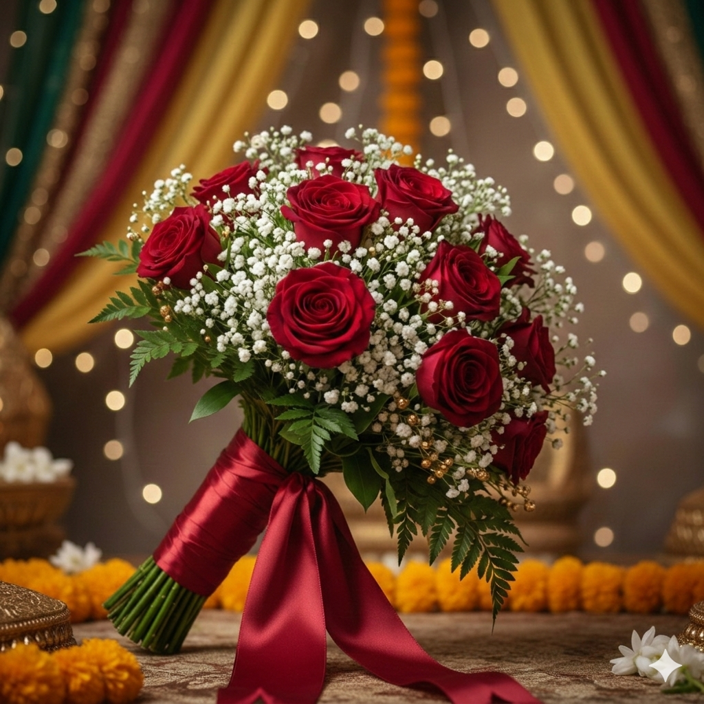 Premium bridal bouquet of 20 Pakistani red roses with gypso and red silk ribbon for wedding delivery.