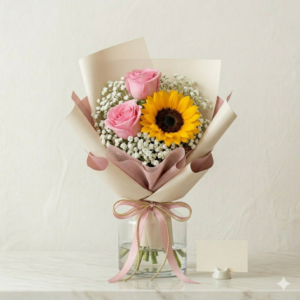 Sunflower and Pink Rose Vase Arrangement for Welcome Pakistan