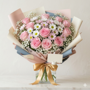 12 Pakistani Pink Roses in Glass Vase for Welcome Gift