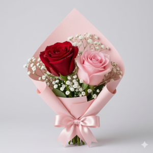 Red and pink imported roses with gypso mini bouquet by Gull Flowers.