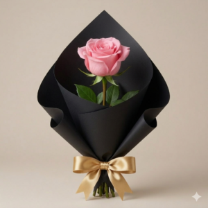 Single pink imported rose in black wrap with gold ribbon by Gull Flowers.