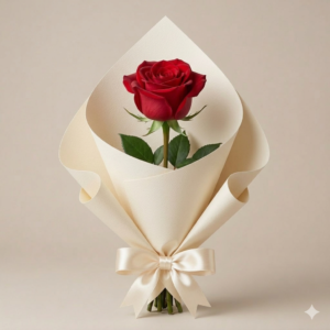 Single imported red rose mini bouquet in cream wrap by Gull Flowers.
