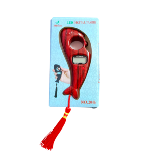 Smart LED digital tasbih with wooden texture and red tassel, electronic prayer beads counter for religious gifting.