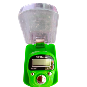 Bright green digital finger tasbih counter with LED screen and clear storage box.