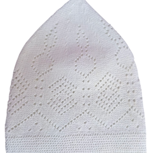 Traditional white hand-knitted crochet prayer cap for men, ideal for religious gifting.