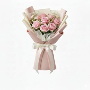 Baby pink roses bouquet with white gypso in pink wrapping by Gull Flowers.