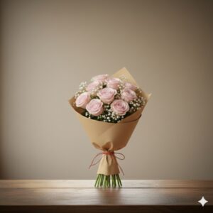 Mini pink rose bouquet in brown paper wrap for new baby by Gull Flowers.