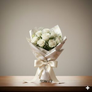 Premium white rose bouquet for new baby in gold-patterned wrap by Gull Flowers.